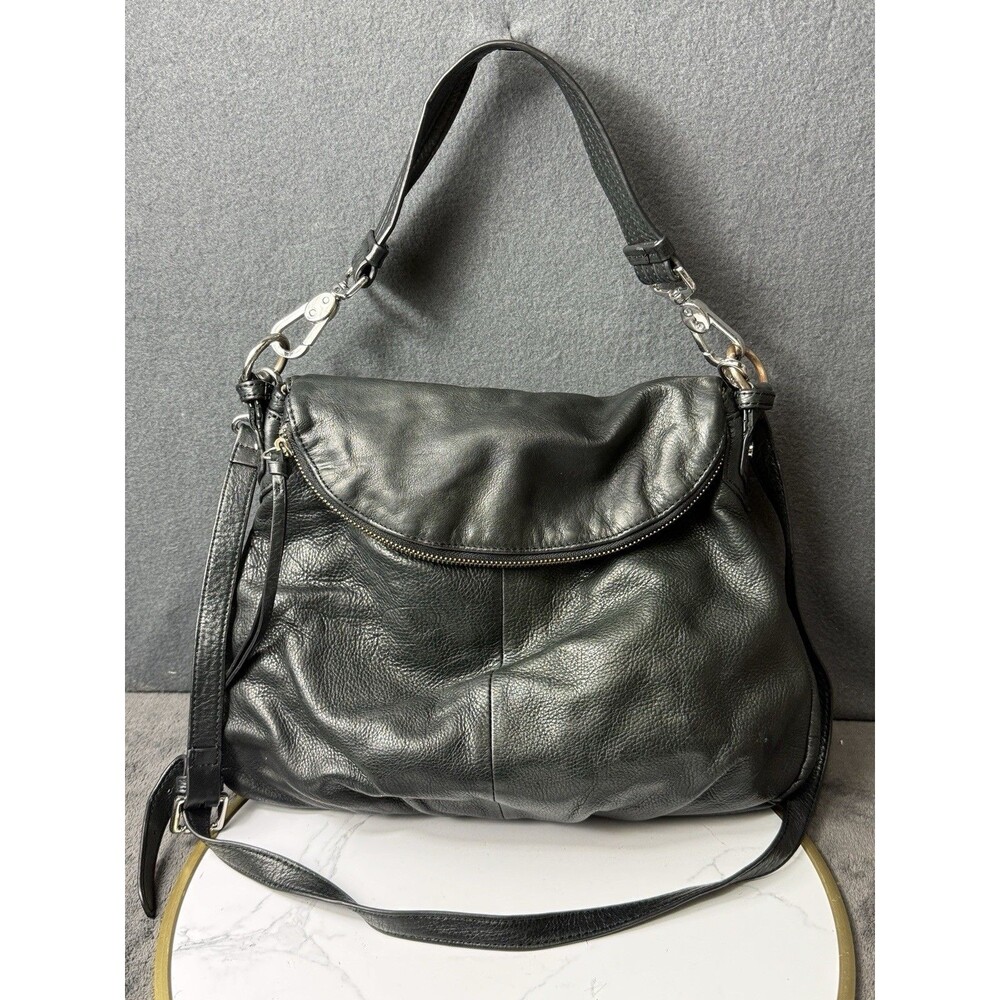 Margot Black Crossbody Boho Bag Fold Over Soft Pebbled 100% Leather Adjustable